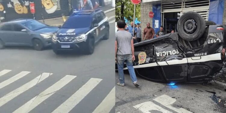 Viatura da Polícia Civil capota após avançar sinalização de “pare” na zona norte de SP